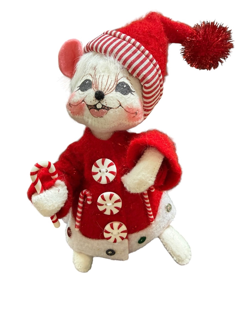Anna Lee 6 in. Christmas Mouse with candy cane peppermint buttons Felt hat 2006